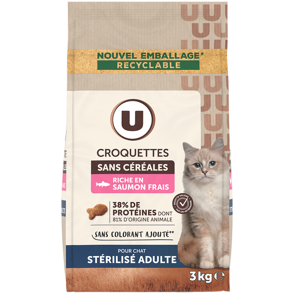 U Croquettes sans céréales riche en saumon frais pour chat adulte stérilisé 3kg