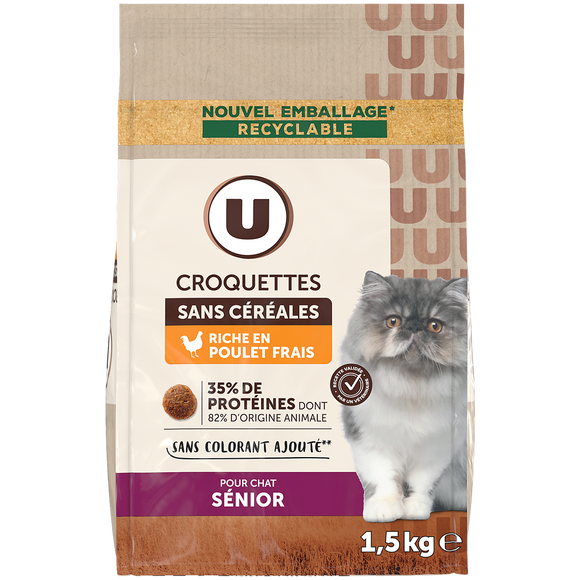 U Croquettes sans céréales riches en poulet frais pour chat sénior 1,5kg