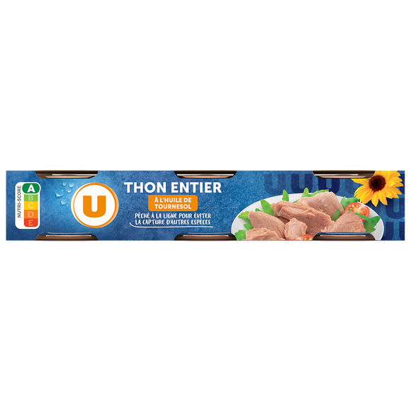 U Thon entier à l'huile de tournesol pêché canne 3 boîtes de 70g soit 2