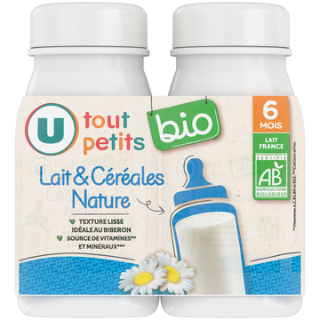U TOUT PETITS BIO Lait et céréales Nature Bébé , de 6 à 12 mois - 2x250ml