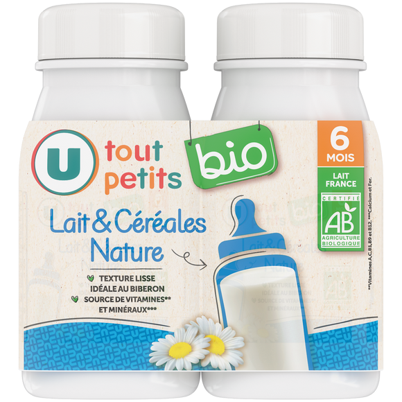 U TOUT PETITS BIO Lait et céréales Nature Bébé , de 6 à 12 mois - 2x250ml