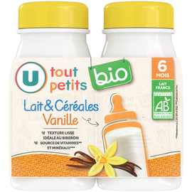 U TOUT PETITS BIO Lait et céréales vanille dès 6 mois, 2 bouteilles de 250ml