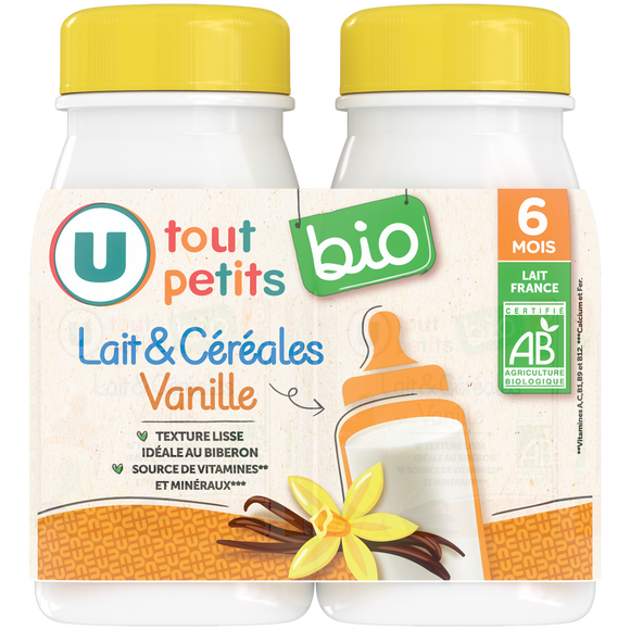 U TOUT PETITS BIO Lait et céréales vanille dès 6 mois, 2 bouteilles de 250ml
