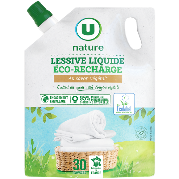 U NATURE Lessive liquide - Savon végétal - 30 lavages - RECHARGE - 1.5 l