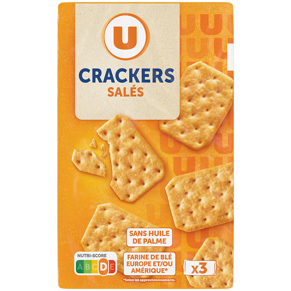 U Biscuits apéritifs Crackers apéritif salés, paquet 3x100g