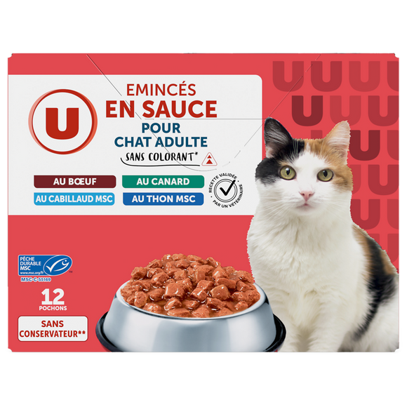 U Sachets fraicheur pour chat Emincés en sauce viandes & poissons 12x100g