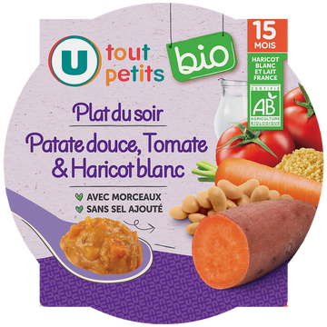 U TOUT PETITS BIO Plat bébé assiette patate douce, tomates, haricots blancs dès 15 mois,250g