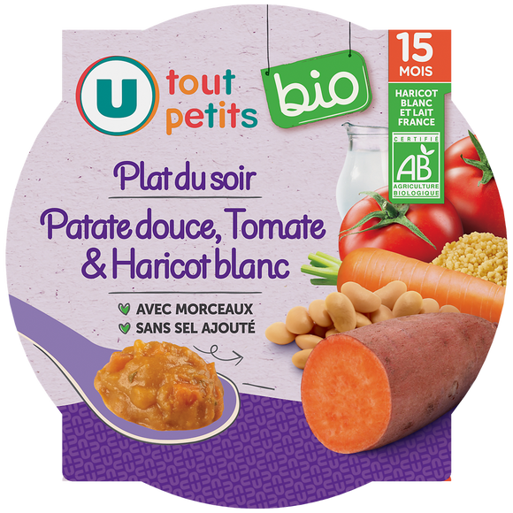 U TOUT PETITS BIO Plat bébé assiette patate douce, tomates, haricots blancs dès 15 mois,250g
