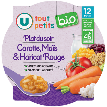 U TOUT PETITS BIO Plat bébé assiette carotte, tomate, maïs, haricots rouges dès 12 mois230g