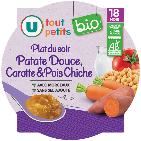 U TOUT PETITS BIO Plat bébé assiette patate douce, carottes, pois chiches dès 18 mois 230g