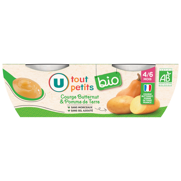 U TOUT PETITS BIO Petits pots bébé salés courges, butternut, pommes de terre dès 4 mois,2x120g