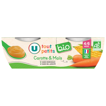 U TOUT PETITS BIO Petits pots bébés salé carotte et maïs dès 4 mois, 2x120g