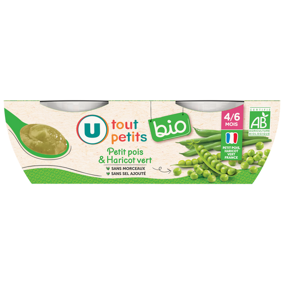 U TOUT PETITS BIO Haricots verts et petits pois, dès 4 mois - 2x120g - Petits pots bébé
