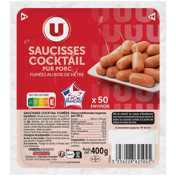 U Saucisses cocktail fumées - x50, 400g