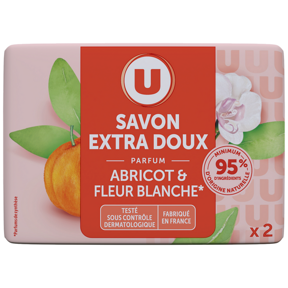 U Savon extra doux abricot fleur blanche, 2x100g