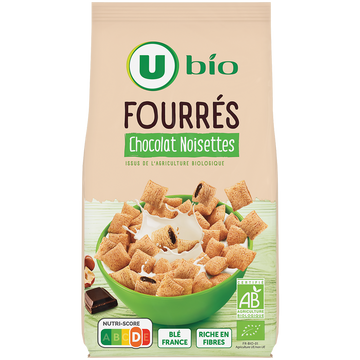 U BIO Céréales fourrées chocolat noisettes bio, sachet 375g
