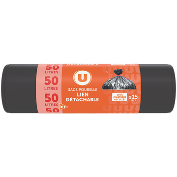 U Sac poubelle 100% recyclé lien détachable 15x50 litres
