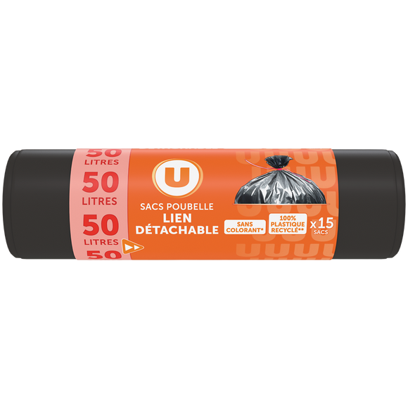 U Sac poubelle 100% recyclé lien détachable - 50L - x15