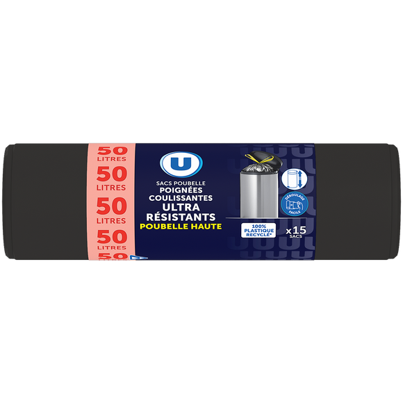 U Sac poubelle ultra résistant 100% recyclé poubelle haute - 50L - x15