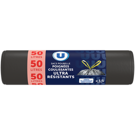 U Sac poubelle ultra résistant 100% recyclé liens coulissant 15x50L
