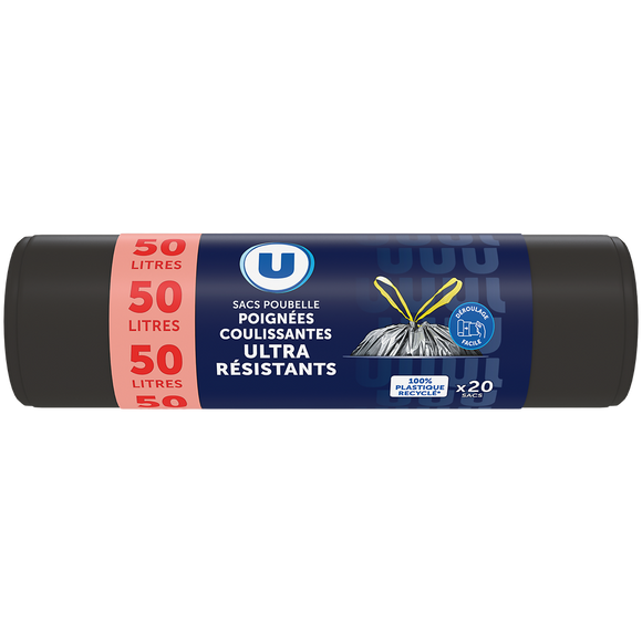 U Sac poubelle ultra résistant 100% recyclé liens coulissant - 50L - x15