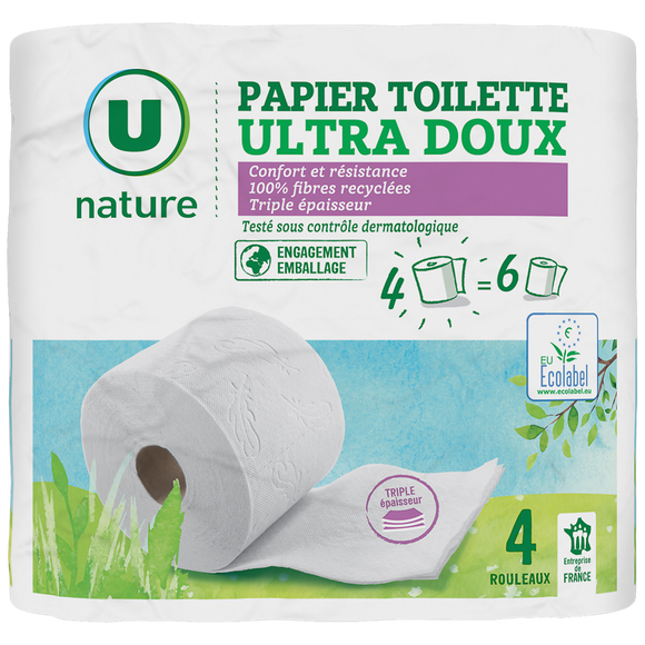 U NATURE Papier toilette 3 plis recyclé x4 = 6 rlx