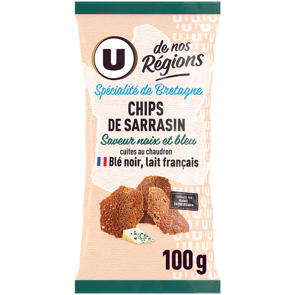 U DE NOS REGIONS Chips de sarrasin saveur noix & bleu U DE NOS REGIONS 100g