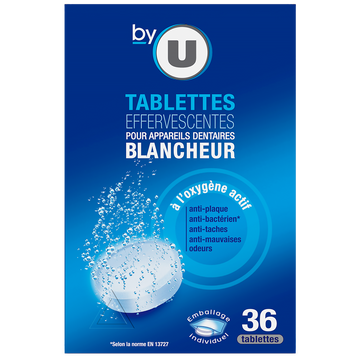 BY U Tablettes nettoyantes effervescentes pour appareils dentaires blancheur x36