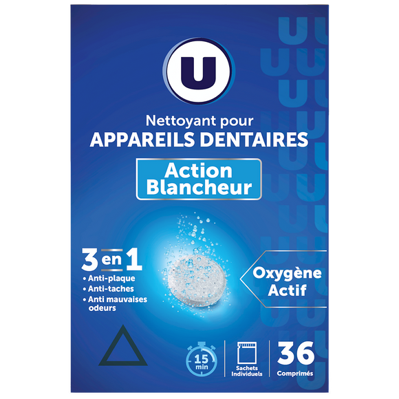 U Tablettes nettoyantes effervescentes pour appareils dentaires blancheur x36