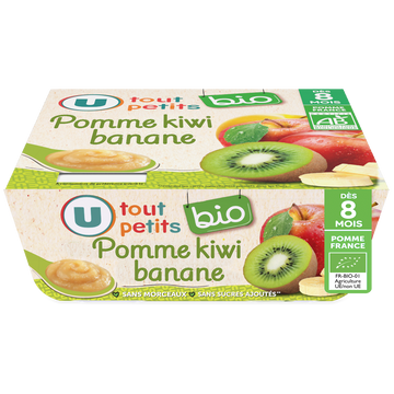 U TOUT PETITS BIO Petits pots bébé dessert pomme kiwi banane dès 8 mois, 4x100
