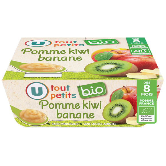 U TOUT PETITS BIO Petits pots bébé dessert pomme kiwi banane dès 8 mois, 4x100