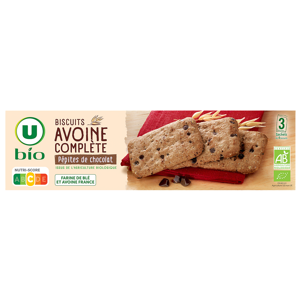U BIO Biscuits à l'avoine complète et aux pépites chocolat bio 130g