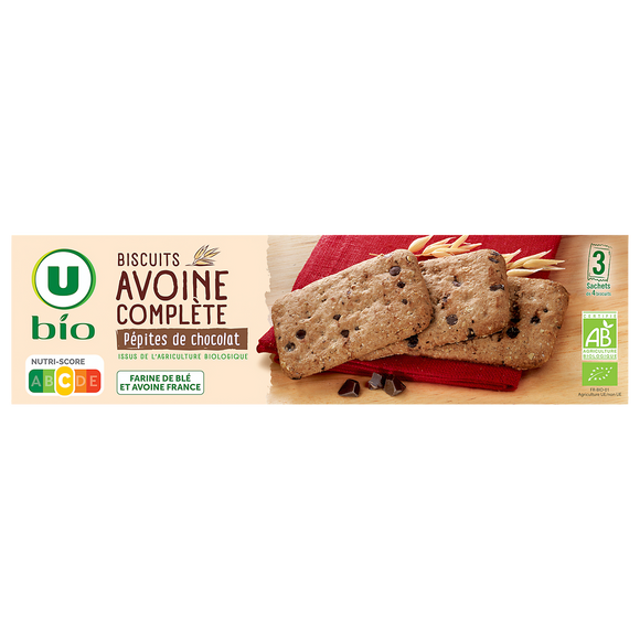U BIO Biscuits à l'avoine complète et aux pépites chocolat bio 130g