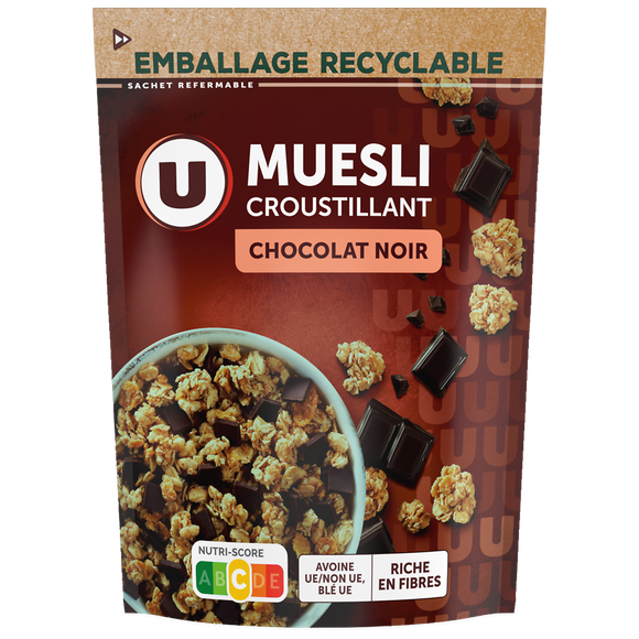 U Céréales Muesli croustillant chocolat noir paquet 500g
