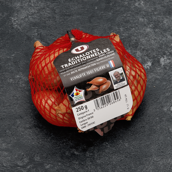 U Echalote traditionnelle longue, FILIERE, calibre 30/50, catégorie 1,France, filet 250g