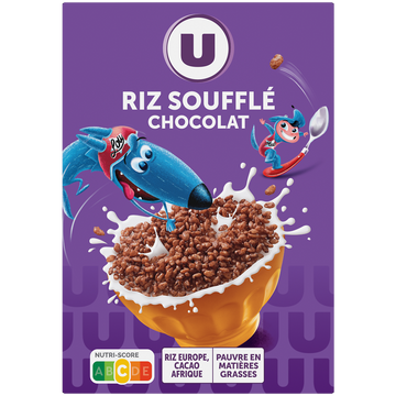 U Céréales riz soufflé enrobé de chocolat riches en vitamines, paquet 375g