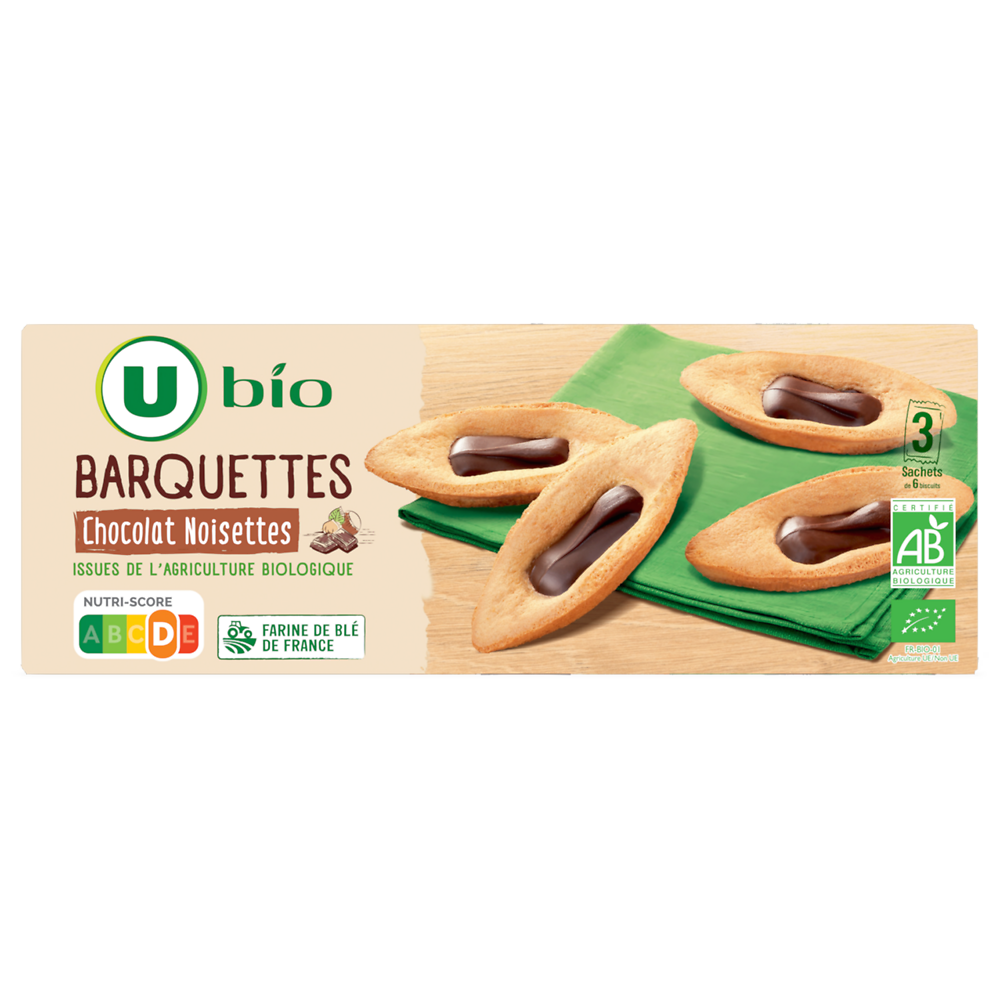 U BIO Gâteaux Barquettes au chocolat et aux noisettes bio, paquet 120g