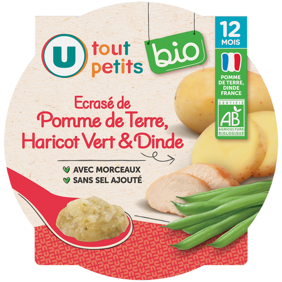 U TOUT PETITS BIO Plat bébé assiette écrasé de pomme de terre haricots verts dinde 230g