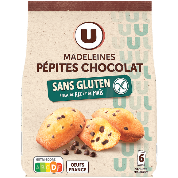 U SANS GLUTEN Madeleines aux oeufs pépites de chocolat sans gluten, 180g