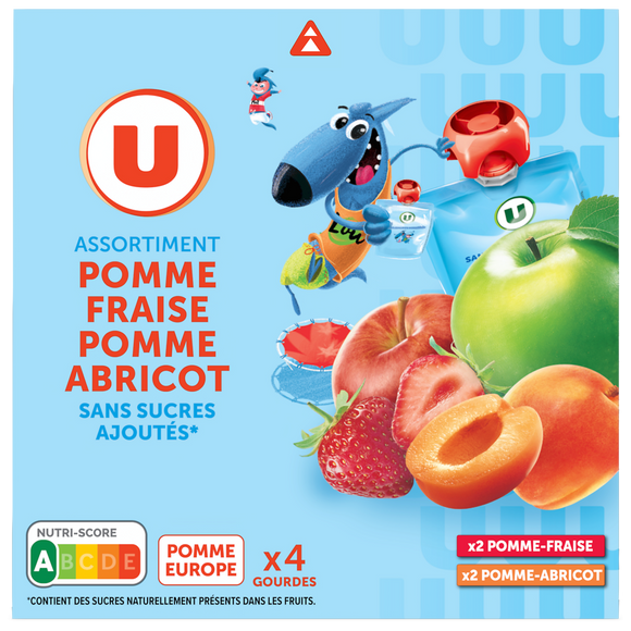 U Dessert fruitier Gourdes compote 2xpomme fraise/2xpomme abricot ssa -4x90g