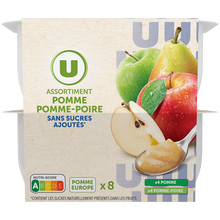 U Coupelles compote de fruits 4 pomme nature + 4 pomme-poire sans sucreajouté, 8x100g