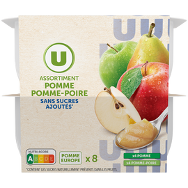 U Coupelles compote de fruits 4 pomme nature + 4 pomme-poire sans sucreajouté, 8x100g