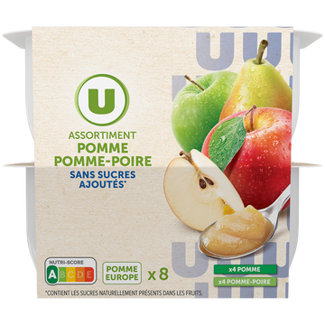 U Coupelles compote de fruits 4 pomme nature + 4 pomme-poire sans sucreajouté, 8x100g