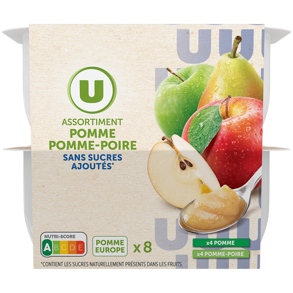 U Coupelles compote de fruits 4 pomme nature + 4 pomme-poire sans sucreajouté, 8x100g