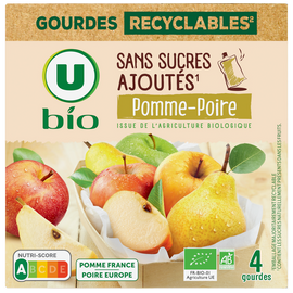 U BIO Dessert fruitier Purée de pomme et poire sans sucre ajouté 4 coupellesde 90g, 360g