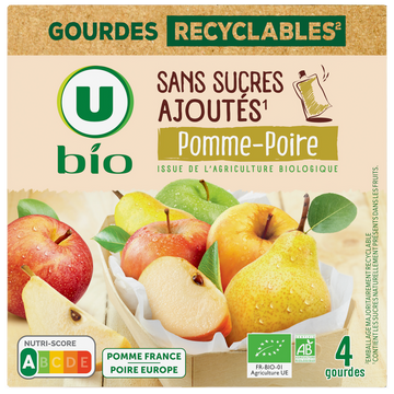 U BIO Dessert fruitier Purée de pomme et poire sans sucre ajouté 4 coupellesde 90g, 360g