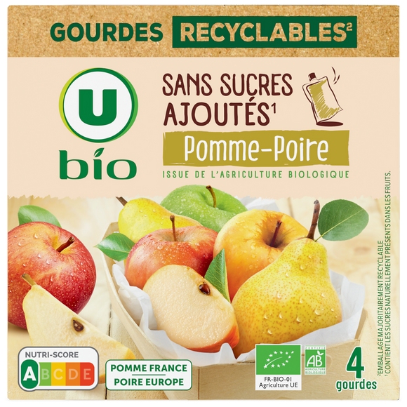 U BIO Dessert fruitier Purée de pomme et poire sans sucre ajouté 4 coupellesde 90g, 360g