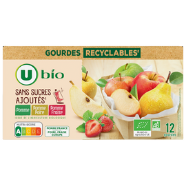 U BIO Purée pomme/pomme poire/pomme fraise sans sucre ajouté, gourdes 12x90g