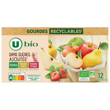U BIO Purée pomme/pomme poire/pomme fraise sans sucre ajouté, gourdes 12x90g