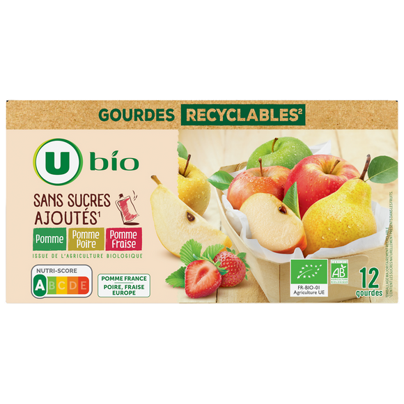 U BIO Purée pomme/pomme poire/pomme fraise sans sucre ajouté, gourdes 12x90g